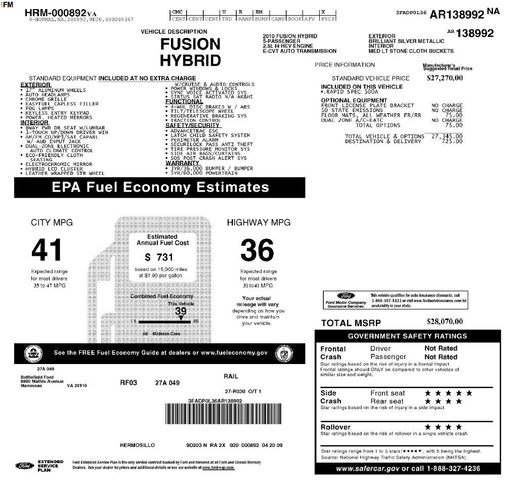 2010 Ford Fusion Hybrid Base
