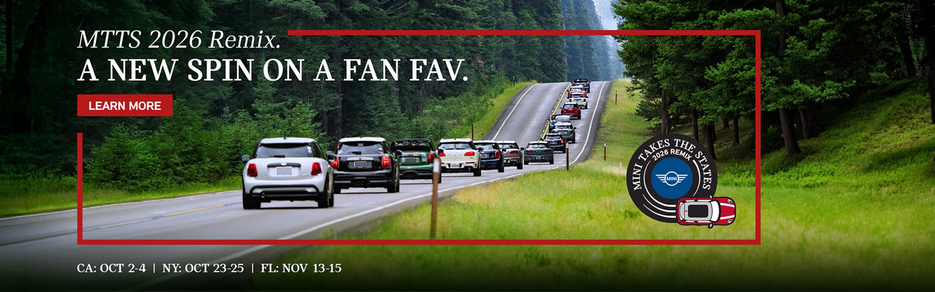Banner for MINI Takes the States 2026 Remix showing MINI vehicles on a scenic drive and listing event dates in California