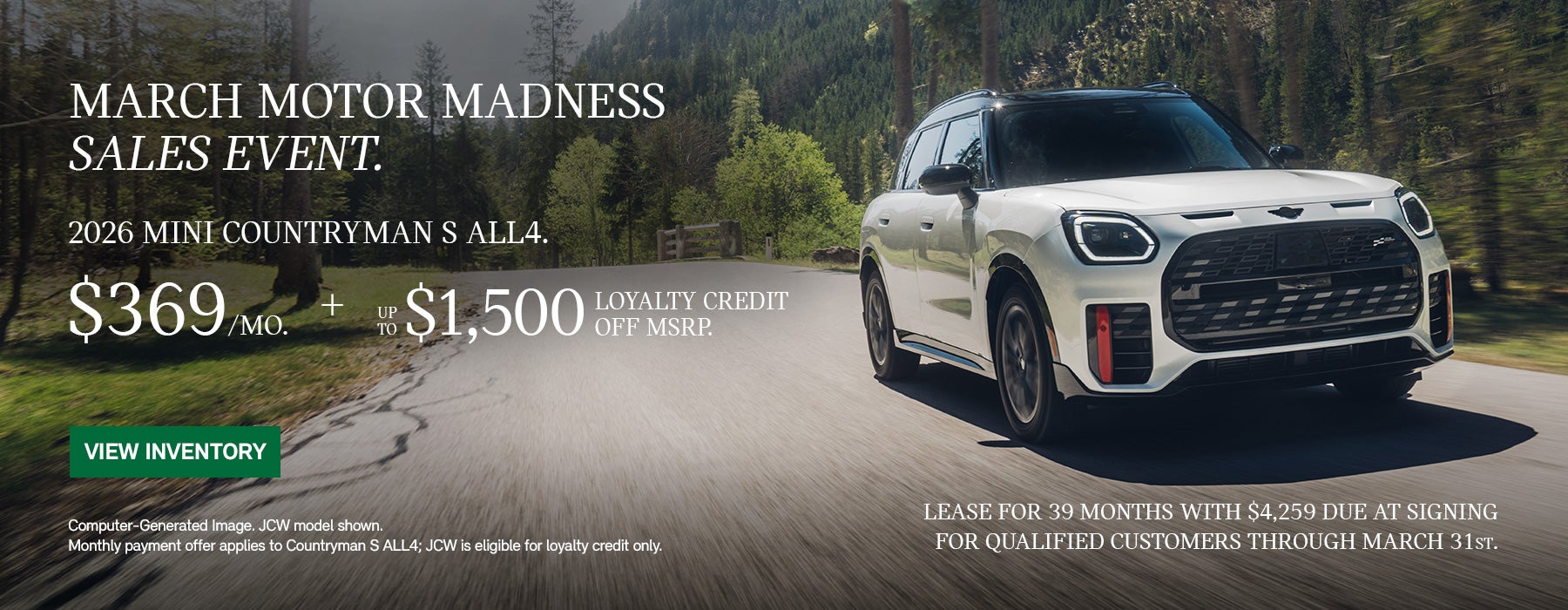 Front passenger view of a white MINI Countryman  driving on a mountainous road.