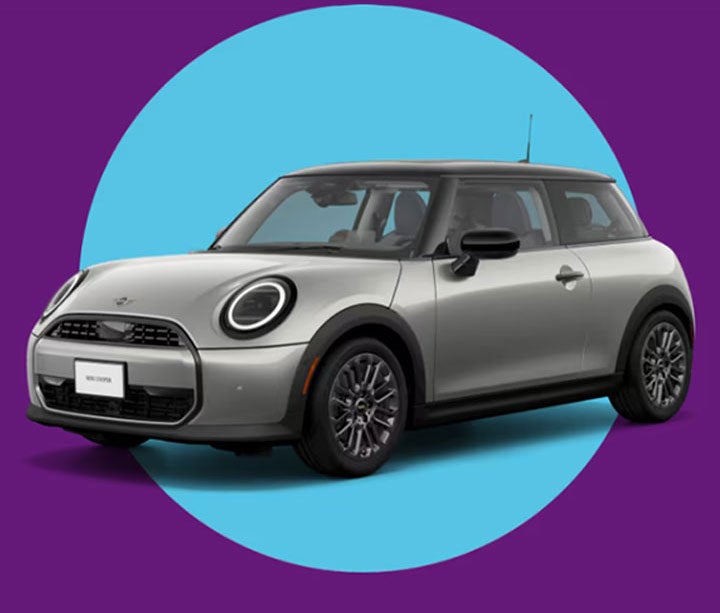 Angled view of a MINI Cooper 2 Door in a blue circle with a purple background