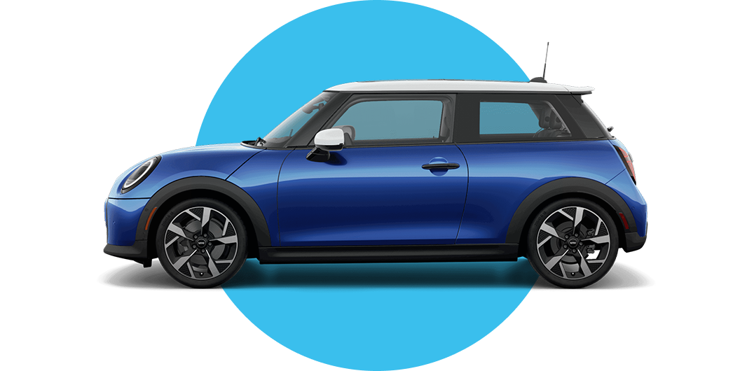 Side view of a MINI Cooper 2 Door in the Blazing Blue body color, facing left with its shadow underneath it.