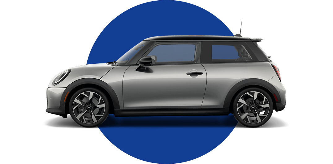 Side view of a MINI Cooper 2 Door in the Melting Silver body color, facing left with its shadow underneath it.