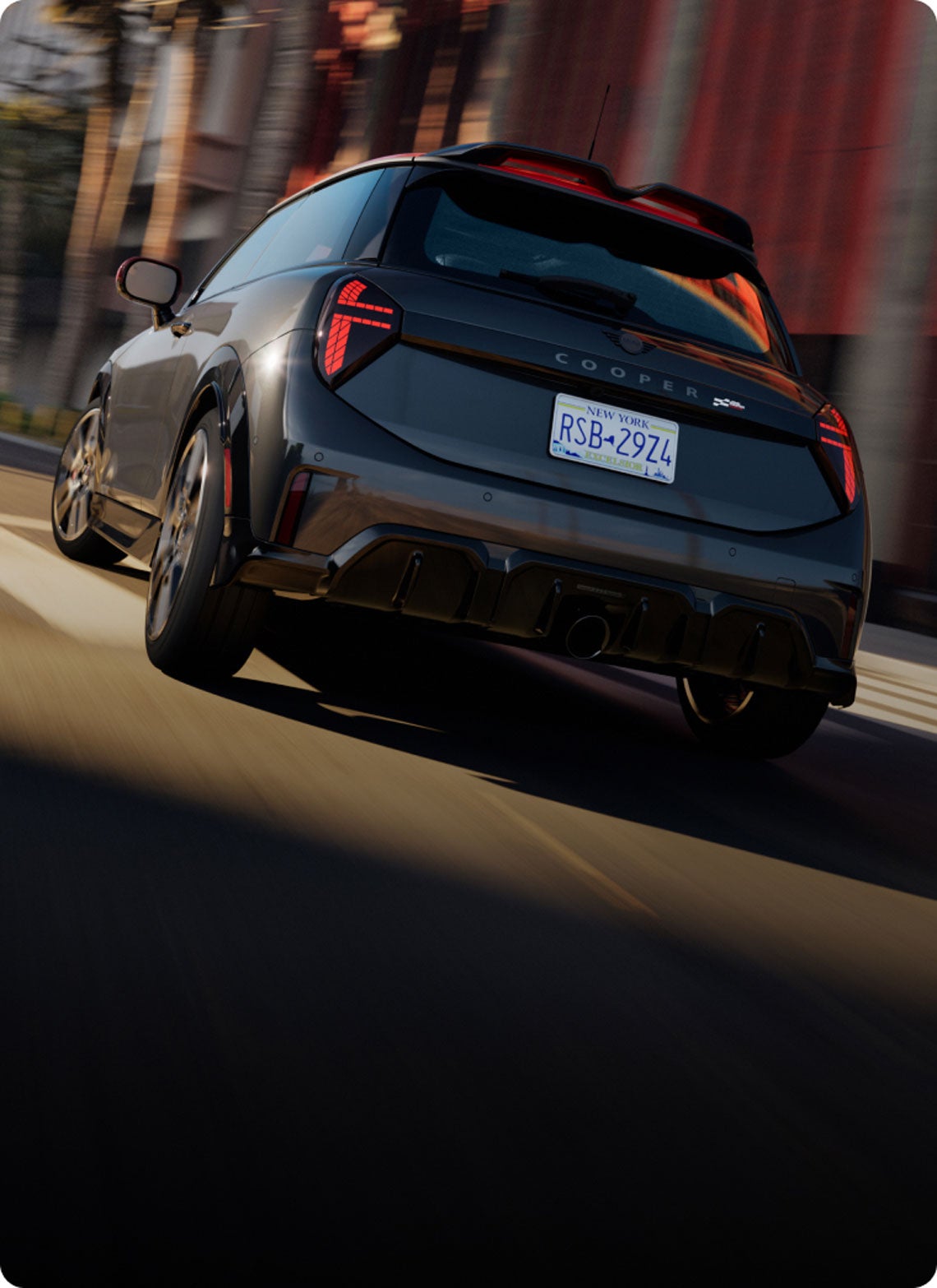 Bird’s-eye view of the front hood of a MINI JCW 2 Door.