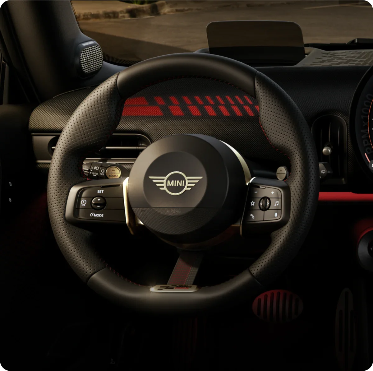 Close-up of the steering wheel.