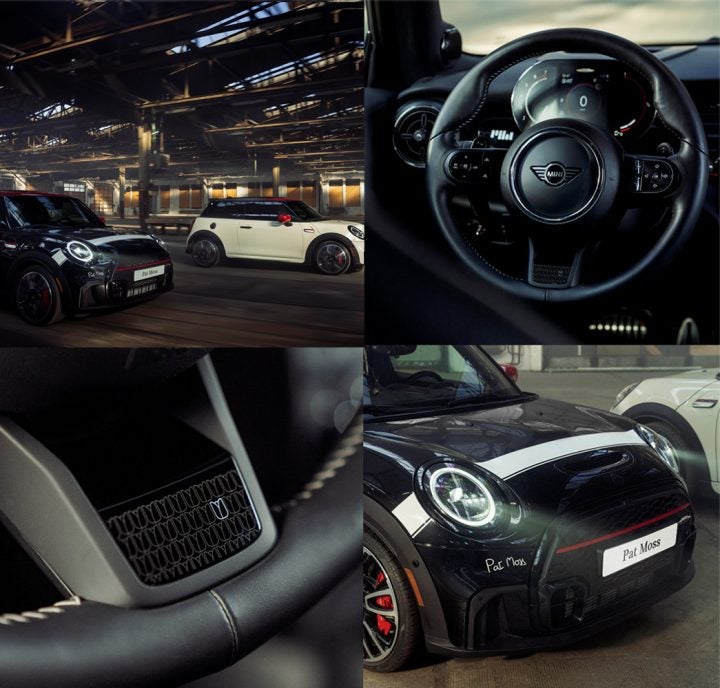 Four images of the MINI Pat Moss Edition including two that are driving in an urban setting (one in Midnight Black Metallic and one in Pepper White), a driver’s seat view of the Nappa Leather Steering Wheel and dashboard, a close-up view of detailed finish on the Nappa Leather Steering Wheel, and a view of the Exclusive Horizontal Bonnet Stripe on a Midnight Black Metallic model