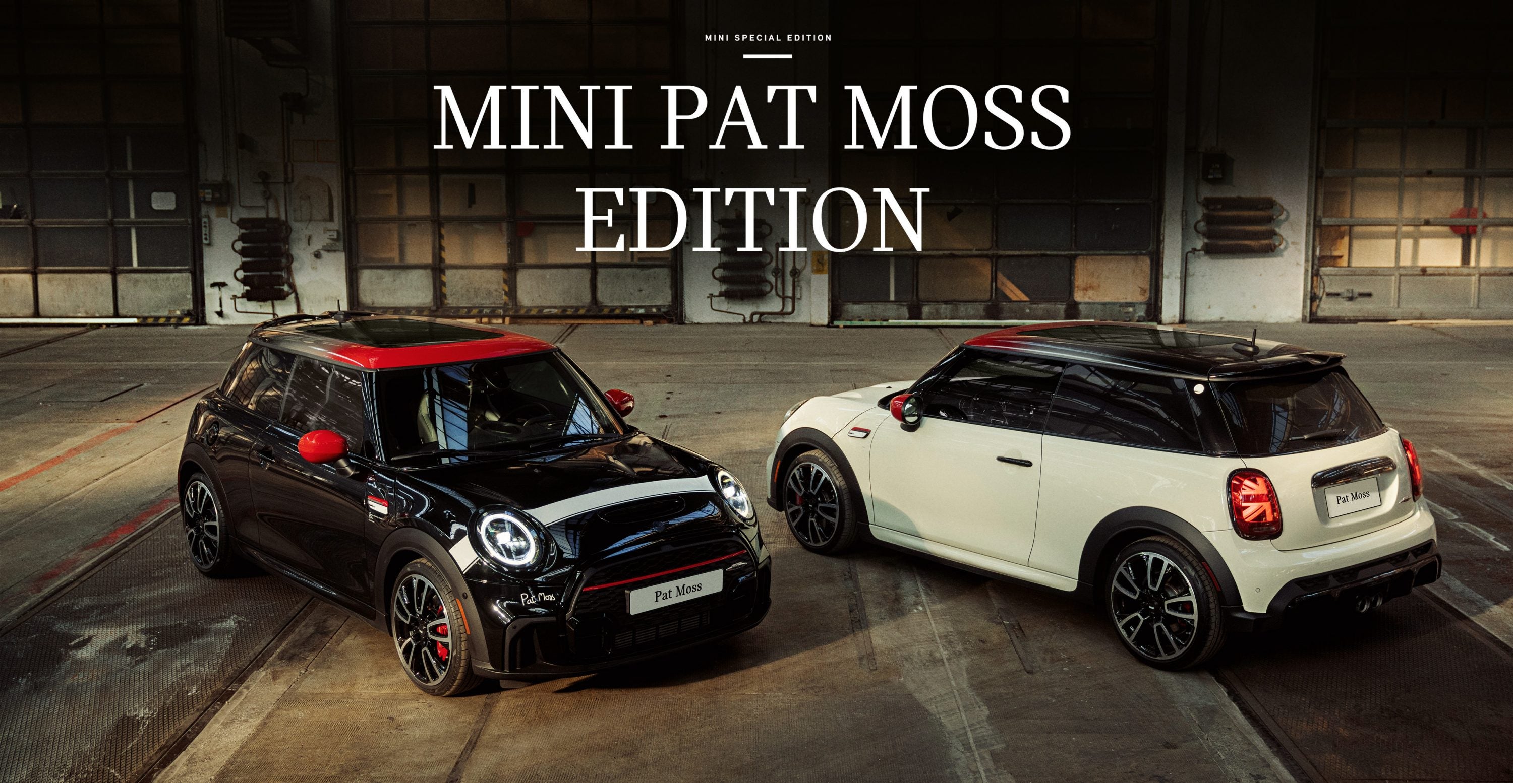 MINI Pat Moss Edition vehicles side by side, the left one (Midnight Black metallic) in a three-quarter front view and the right one (Pepper White) in a three-quarter back view, parked on a cement surface in a warehouse type space